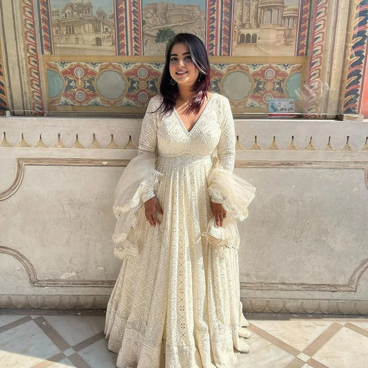 White Embroidered Georgette Anarkali Fully Stitched Suit Set
