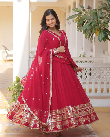 Attractive Sequence Embroidery Work Pink Gown