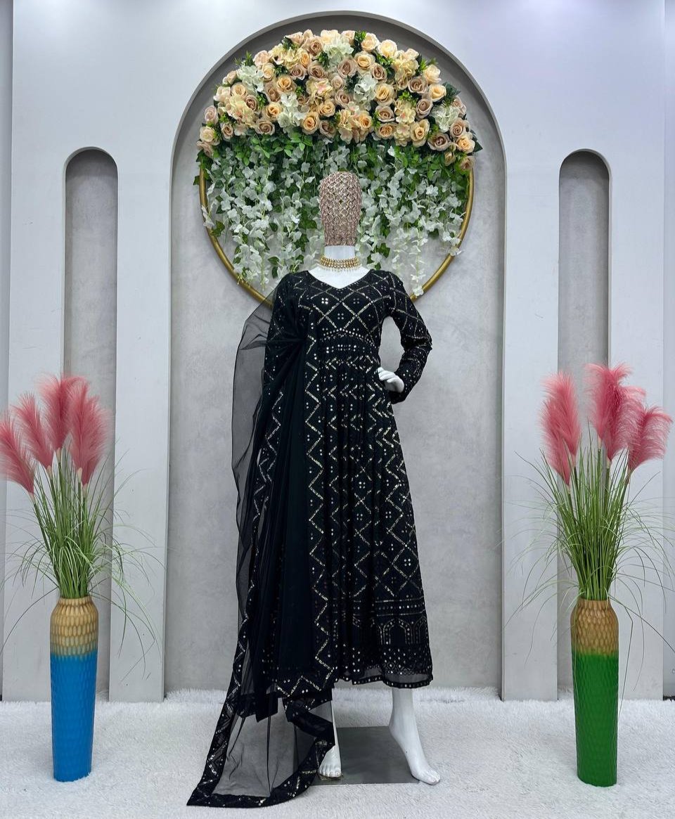 Sanika Noor Black Color Embroidered Work Anarkali Suit Set