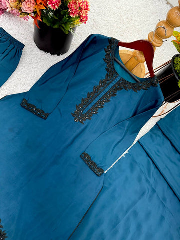 Casual Wear Navy Blue Color Sequence Work Palazzo Suit