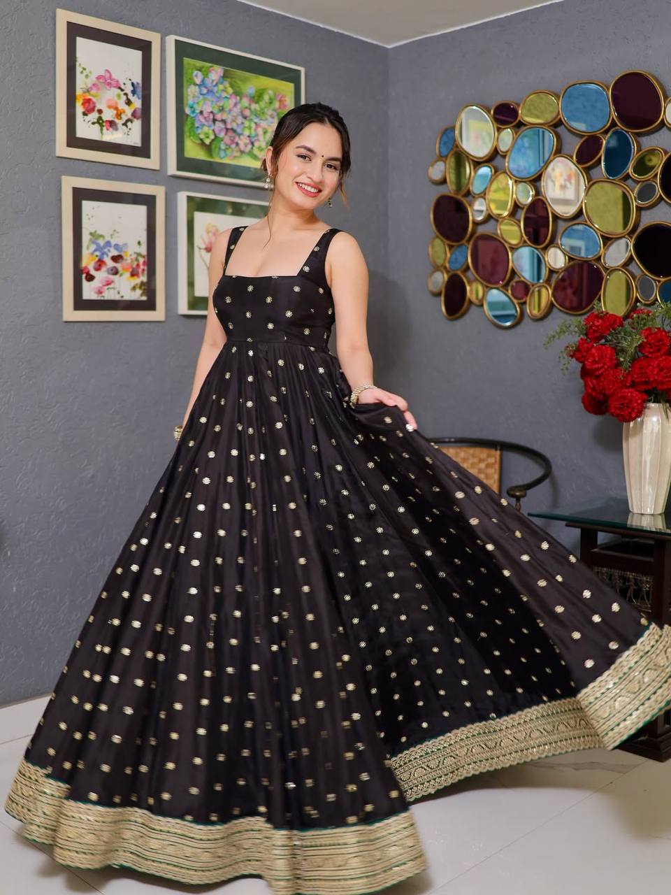 Classic Black Anarkali Gown with Heavy Embroidered Golden Border With