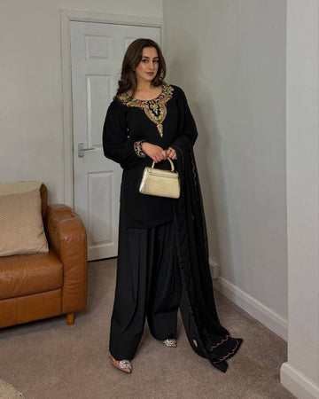 Classy Sequence Work Black Color Palazzo Suit