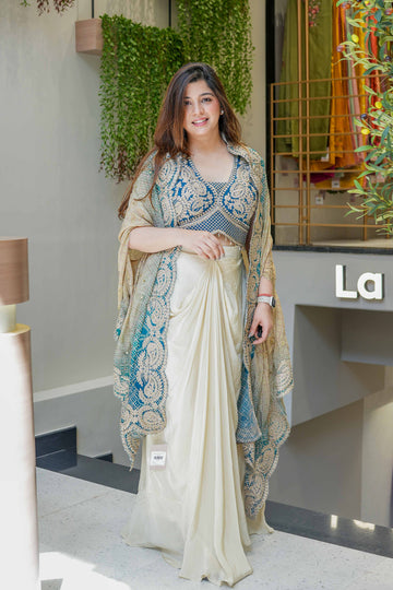 Blue Colour Three Piece Set With Embroidery Indo Western Outfit