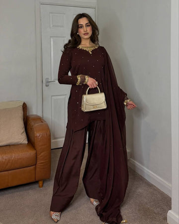 Decent Sequence Work Brown Color Plazzo Suit