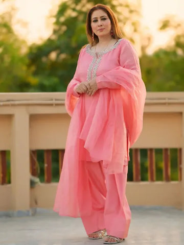 Designer Pink Color Embroidery Work Kurta And Plazzo Suit Set Georgette With Dupatta