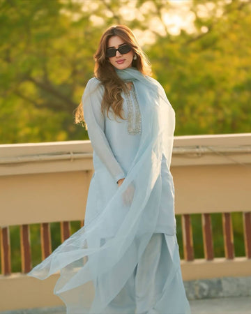 Designer Sky Blue Color Embroidery Work Kurta And Plazzo Suit Set Georgette With Dupatta