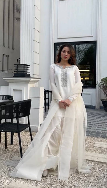 Designer White Color Embroidery Work Kurta And Plazzo Suit Set Georgette With Dupatta
