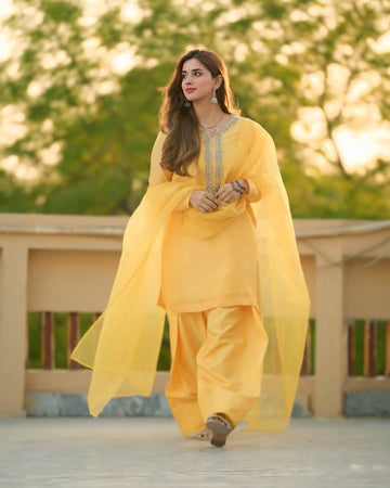 Designer Yellow Color Embroidery Work Kurta And Plazzo Suit Set Georgette With Dupatta