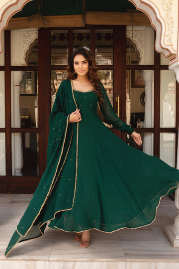 Elegant Green Heavy Fox Georgette Anarkali Suit Set with Pearl Border Dupatta