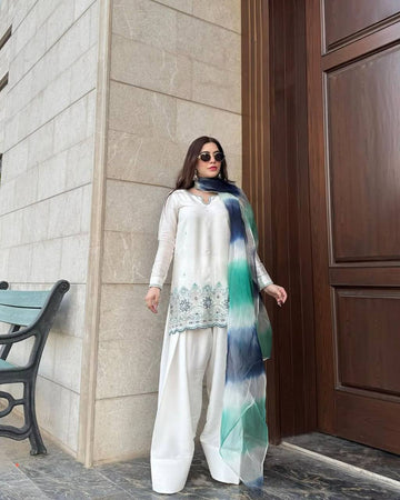 Elegant Roman Silk White Color Embroidery Work Kurta And Plazzo Suit With Digital printed Dupatta
