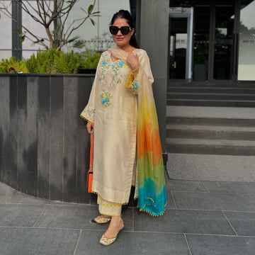 Elegant White Color Plazzo Suit With Multi Color Dupatta Set