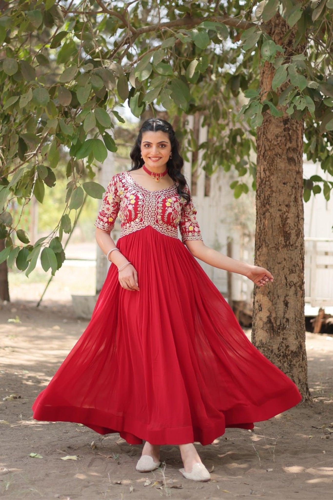 ethnic red dress Luxury Red and Gold Silk Knee-Length Dress