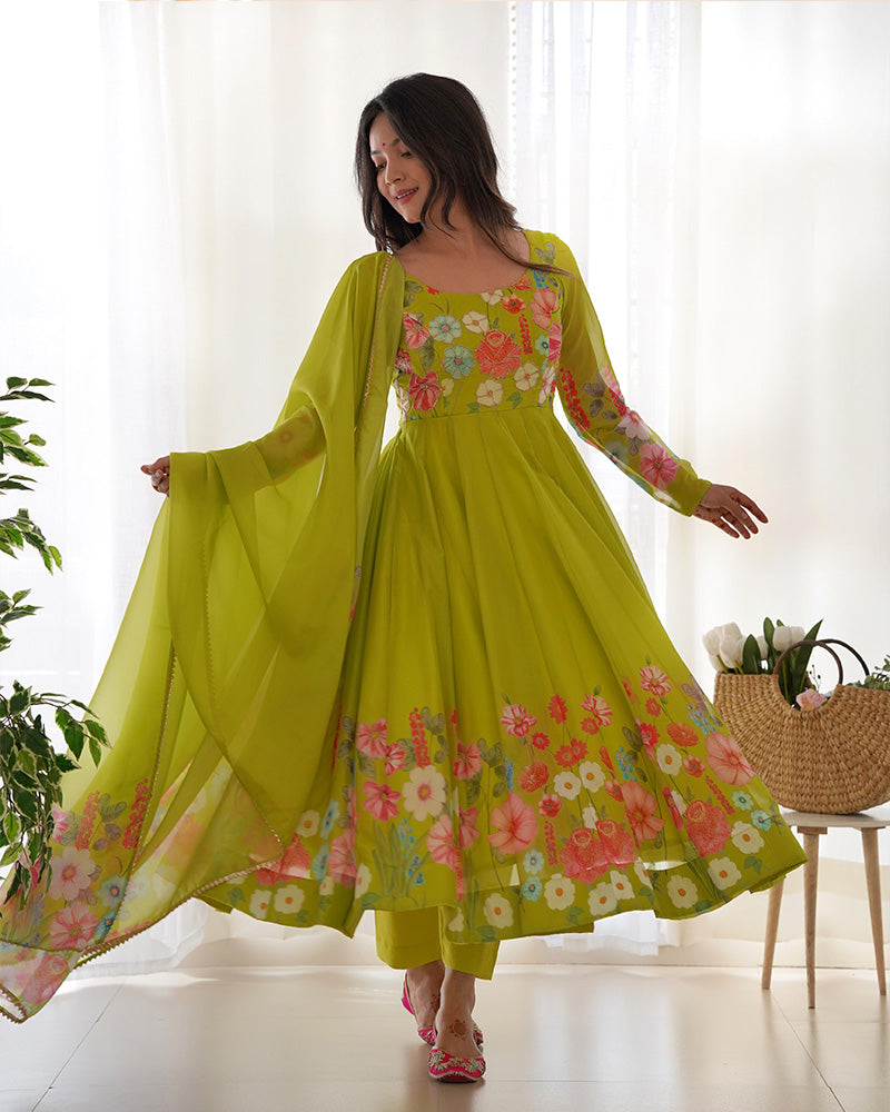 Floral Print Organza Three Piece Light Green Anarkali Suit Set Floral Print Organza Three Piece Light Green Anarkali Suit Set