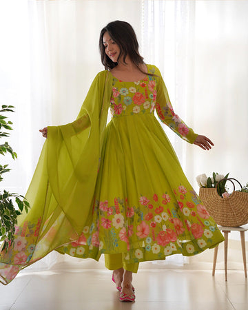 Floral Print Organza Three Piece Light Green Anarkali Suit Set