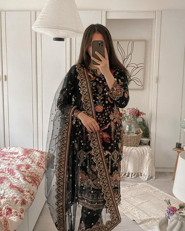Fancy Heavy Chine Work Black Color Plazzo Suit