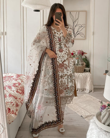 Fancy Heavy Chine Work White Color plazzo Suit