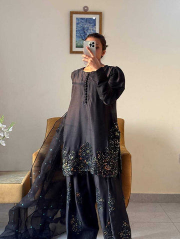 Farshi Palazzo and Kurta in Black Natural Crepe With Sequence Embroidery Work