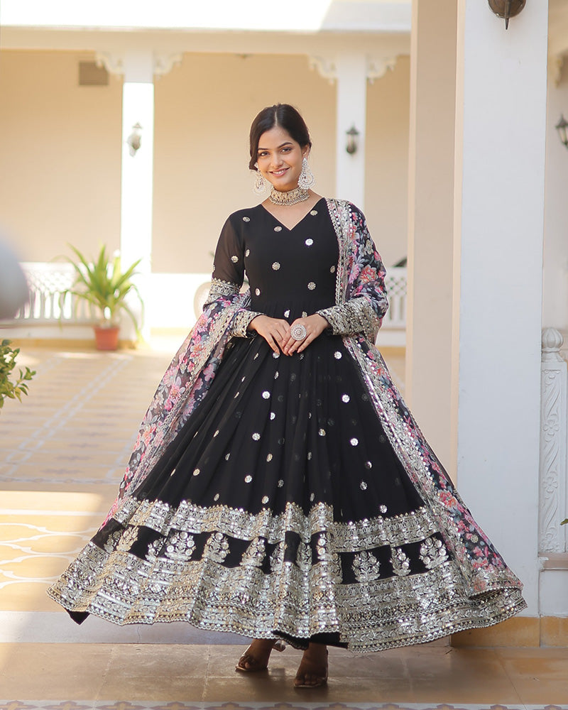 Faux Georgette Designer Black Color Wedding Gown With Dupatta