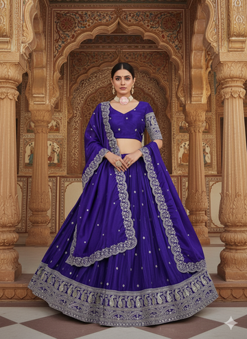 Royal Blue Embroidered Silk Lehenga Choli with Dupatta
