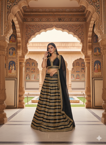 Elegant Black and Gold Embroidered Silk Lehenga Choli with Dupatta