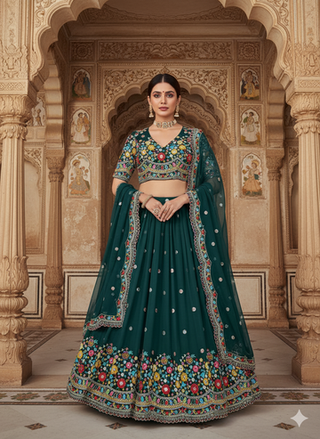 Teal Blue Embroidered Lehenga Choli with Sequins and Thread Work
