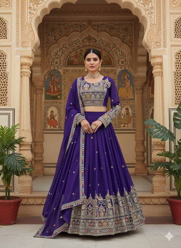 Elegant Royal Purple Sequin and Thread Embroidered Lehenga With Dupatta