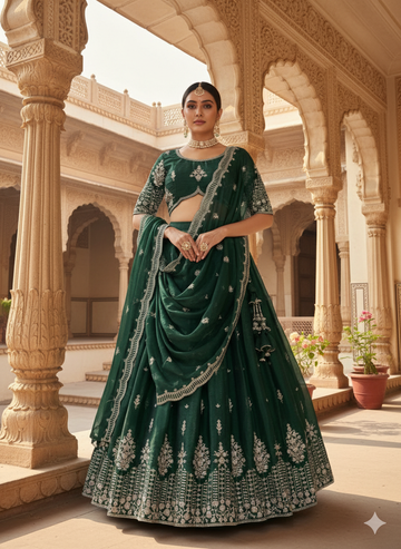 Elegant Dark Green Multi Color Floral Embroidered Lehenga Choli