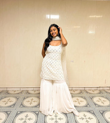 Graceful White Embroidered Kurta And Sharara Set With Dupatta