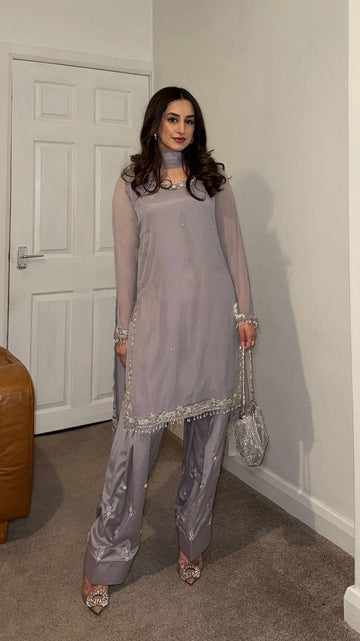 Grey Kurta And Farshi Palazzo Georgette With Embroidery Work Plazzo Suit