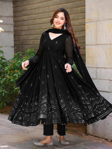 Whispering Breeze Georgette Embroidered Black Suit Set