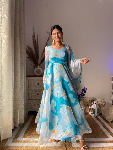 Blue Floral Digital Printed Pure Organza Gown