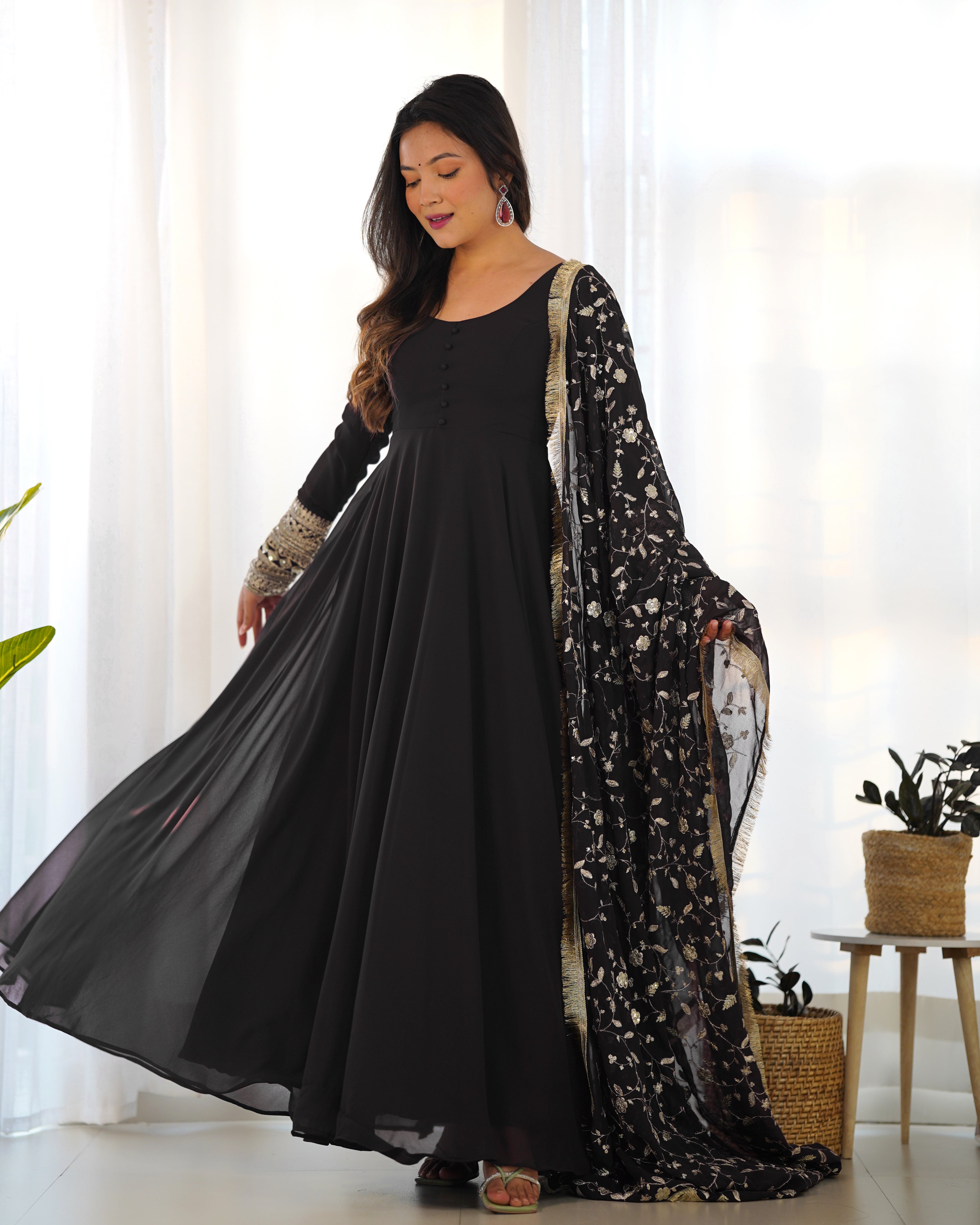 Black Color Soft Georgette Anarkali Gown With Heavy Embroidery Work Du
