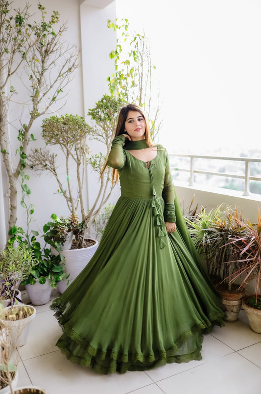 Solid Green Long Double Layer Anarkali Set