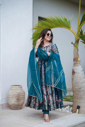 Shining Blue Color Multi Bright Silk Anarkali Suit Set