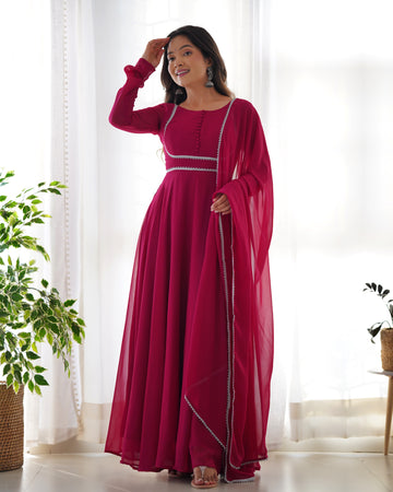 Women's Bright Pink Organza Long Flared Kurta Set with Dupatta