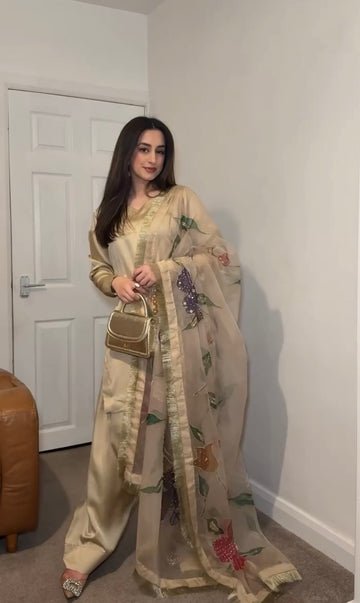 Gold Kurta With Farshi Palazzo in Japan Satin With Swarovski Stone Dupatta