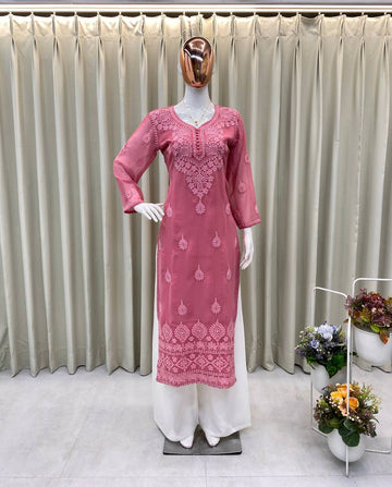 Light Pink Kurti Palazzo in Georgette With Rich Cotton Thread Embroidery