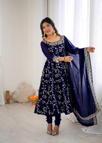 Navy Blue Festive Designer Embroidered Anarkali Suit Set with Dupatta