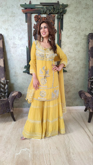 Designer Party Wear Mirror Work Yellow Sharara Suit Set