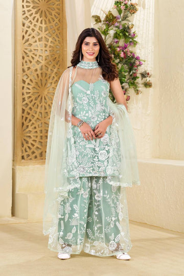 Party Wear Mint Green Salwar Suit With Plazzo In Embroidery Butterfly Net With Hulter Neck