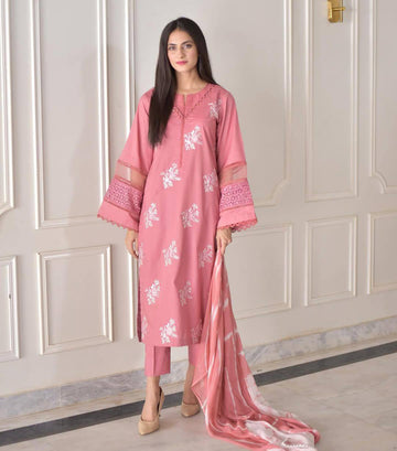 Peach Color Roman Silk Embroidered Straight Suit Set with Dupatta