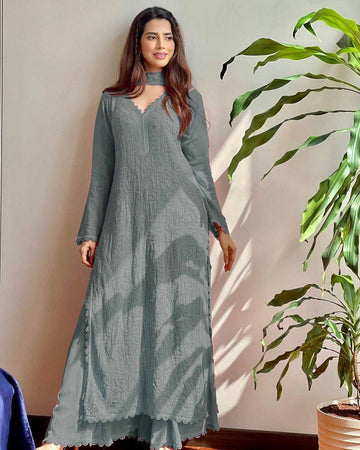 Ramani Dusty Grey Georgette Chikankari Embroidery Kurti Set