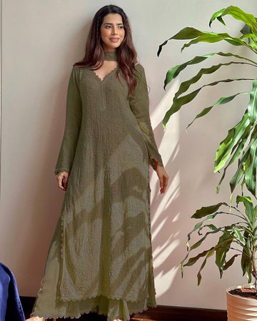 Ramani Dusty Mahendi Georgette Chikankari Embroidery Kurti Set