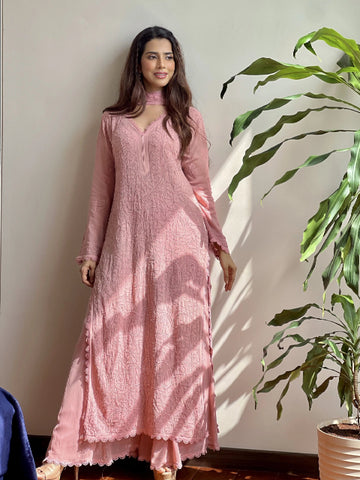 Ramani Peach Georgette Chikankari Embroidery Kurti Set