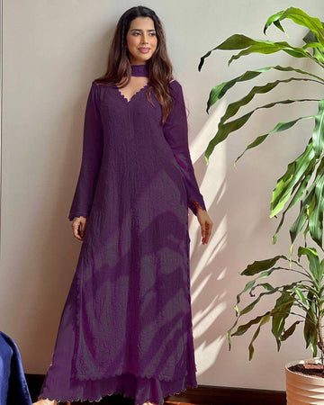 Ramani Purple Georgette Chikankari Embroidery Kurti Set