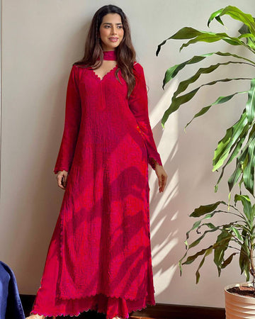 Ramani Red Georgette Chikankari Embroidery Kurti Set