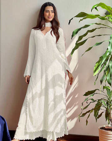 Ramani White Georgette Chikankari Embroidery Kurti Set