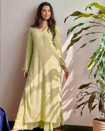 Ramani Yellow Georgette Chikankari Embroidery Kurti Set