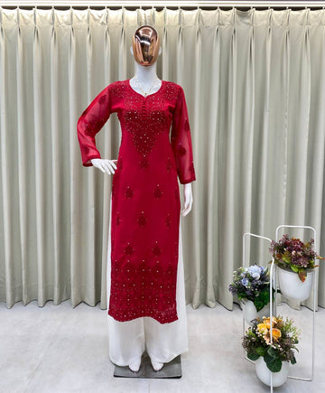 Red Kurti Palazzo in Georgette With Rich Cotton Thread Embroidery