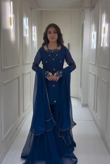 Round Neck Blue Color Stylish Palazzo Suit